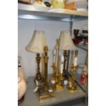 AN ELECTRIC BRASS TABLE LAMP, ALSO A BRASS AND GREEN MARBLE BASE CORINTHIAN COLUMN LAMP, A TWO
