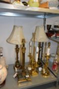 AN ELECTRIC BRASS TABLE LAMP, ALSO A BRASS AND GREEN MARBLE BASE CORINTHIAN COLUMN LAMP, A TWO