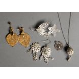 SILVER FILIGREE FLORAL SPRAY BROOCH; SILVER LONG FINE CHAIN NECKLACE AND FILIGREE GLOBE PENDANT;