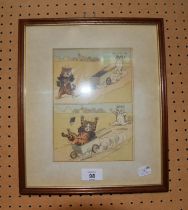 LOUIS WAIN LITHOGRAPHIC PRINT FEATURING CATS AND A WHEELBARROW SIGNED IN THE PRINT 21cm x 15cm