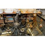 GOLD COLOURED SIX BRANCH LIGHT FITTING AND A BRUSHED STEEL EIGHT BRANCH LIGHT FITTING (2)