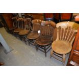 SET OF THREE SPINDLE BACK PENNY SEAT KITCHEN CHAIRS, AND ANOTHER SET OF THREE VERY SIMILAR (6)