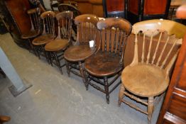 SET OF THREE SPINDLE BACK PENNY SEAT KITCHEN CHAIRS, AND ANOTHER SET OF THREE VERY SIMILAR (6)