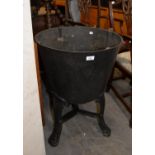 LARGE CAST IRON CAULDRON-TYPE PLANTER, ON THREE FEET, (HOLED TO THE BOTTOM) (approximately 52.4cm