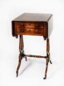 REGENCY MAHOGANY LADY’S WORK TABLE, the rounded oblong drop leaf top, set above a pair of drawers