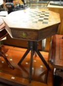 MID TWENTIETH CENTURY OCTAGONAL CHESSBOARD TABLE ON QUADRIPARTITE PEDESTAL BASE, WITH ASSOCIATED