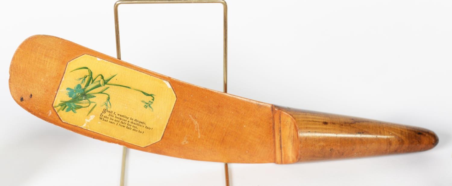 MAUCHLINE WARE BLOND WOOD PAGE TURNER, the broad blade applied with poetical text, 11" (28cm) - Image 2 of 2