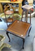 A MAHOGANY THREE TIER FOLDING CAKE STAND, ON CHEVAL SUPPORTS, AN OAK SQUARE TOP JARDINIERE STAND AND