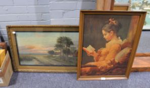 A REPRODUCTION COLOUR PRINT AFTER FRAGONARD (LA LISEUSE) AND A REPRODUCTION COLOUR PRINT AFTER