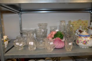 A SELECTION OF CUT GLASS ITEMS TO INCLUDE; VASES, BISCUIT BARREL WITH LID, PEDESTAL BOWL, BOWLS,