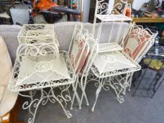 SUITE OF WHITE ENAMELLED WROUGHT IRON CONSERVATORY FURNITURE, COMPRISING A SET OF FOUR FOLD-FLAT
