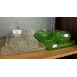 TWO ART DECO AND LATER PRESSED GLASS DRESSING TABLE VANITY SETS, ONE IN GREEN THE OTHER CLEAR [QTY]