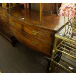 A LATE 19TH CENTURY MAHOGANY BOW FRONTED LOW CHEST OF TWO SHORT AND ONE LONG DRAWER, ON CABRIOLE