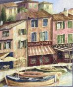 AMERICAN WOVEN FABRIC PICTORIAL WALL HANGING, French harbour scene with quayside Billiard Cafe and