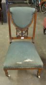VICTORIAN MAHOGANY LOW-SEATED DRAWING ROOM SINGLE CHAIR, ON POT CASTORS, (FOR RE-UPHOLSTERY)