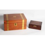 EARLY 20th CENTURY MAHOGANY AND BRASS BOUND PORTABLE WRITING BOX, the interior with a glass