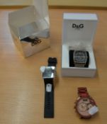 A D & G WATCH, BOXED, WITH BOOKLET AND PRESENTATION BOX AND TWO OTHER MODERN FASHION WATCHES (3)