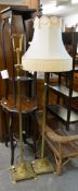 A PAIR OF REPRODUCTION BRASS CORINTHIAN COLUMN STANDARD LAMPS WITH PAW FEET AND SHADE (2)