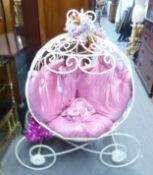 A WHITE PAINTED METALWORK PUMPKIN CARRIAGE, FITTED WITH PINK CUSHIONS, APPROX 4' HIGH