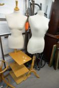 TWO MANNEQUINS AND A BENTWOOD COAT STAND, ONE DUMMY ON TRIPOD BASE, THE OTHER ON A THREE SHELF