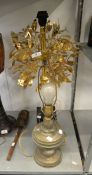 A MODERN GILT METAL TREE FORM ELECTRIC TABLE LAMP, WITH SHADE AND A METAL OIL LAMP BASE CONVERTED TO