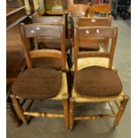 A SET OF SIX ANTIQUE FRENCH CAMPAIGN CHAIRS WITH RUSH SEATS AND TURNED FRONT CROSS-STRETCHERS