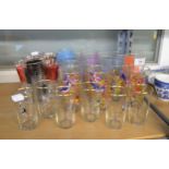 COLLECTION OF 1960S/70S COLOUR PRINTED GLASS TUMBLERS,  TOGETHER WITH 'REAL OLD WILLOW PATTERN' TO