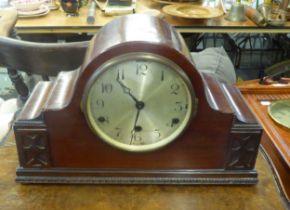 A MAHOGANY NAPOLEONS HAT SHAPED MANTEL CLOCK, HAVING SILVERED DIAL AND A VIENNA STYLE WALL CLOCK,