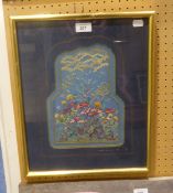 VERINA WARREN, JAPANESQUE, PICTORIAL EMBROIDERED BLUE SILK PANEL, FLOWERS AND CLOUDS EMBROIDERED