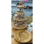 SOUTH EAST ASIAN THREE TIER TABLE TOP DUMB WAITER AND A TURNED AMBOYNA FRUIT BOWL (3)