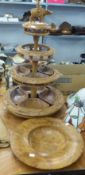 SOUTH EAST ASIAN THREE TIER TABLE TOP DUMB WAITER AND A TURNED AMBOYNA FRUIT BOWL (3)