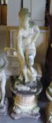 1970's COMPOSITE STONE GARDEN STATUE OF A SEMI-CLAD MAID, ON LOTUS LEAF IONIC CAPITAL PEDESTAL,