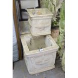 GRADUATED SET, 2 LARGE AND ONE SMALL, COMPOSITE SANDSTONE SQUARE BASED PLANTERS, 16" (40.5cm) HIGH