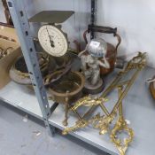 BRASS EASEL, BRASS VESSEL TRIPOD STAND, COPPER KETTLE (A.F.), METAL DISH ON STAND, SALTERS SCALES