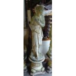 1970's COMPOSITE STONE GARDEN STATUE OF PANDORA, ON LOTUS LEAF AND IONIC CAPITAL PEDESTAL, 61 3/