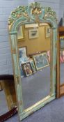 A LARGE DECORATIVE ORNATE MIRROR IN BLUE/GREEN AND GILT FRAME 28" WIDE X 58" HIGH (EDGE OF FRAME