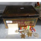 GROUP OF WORLD WAR II MEDALS AND DISPATCHES, OAK LEAF AND 6 OLD COINS IN RILEY'S BON BON TIN