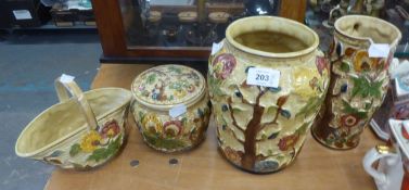 SET OF FOUR H.J. WOOD 'INDIAN TREE' PATTERN CERAMICS TO INCLUDE; JUG, VASE, JAR AND COVER, PLUS