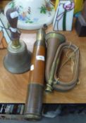 EDWARDIAN HAND BELL WITH LIGNUM VITAE HANDLE, MILITARY BUGLE AND A 'DOLLUND DAY OR NIGHT' 3 DRAWER