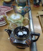NOVELTY COCKEREL TEAPOT PLUS AN EDWARD VII CROWN DEVON TEAPOT WITH GILT HANDLE AND SPOUT AND ANOTHER