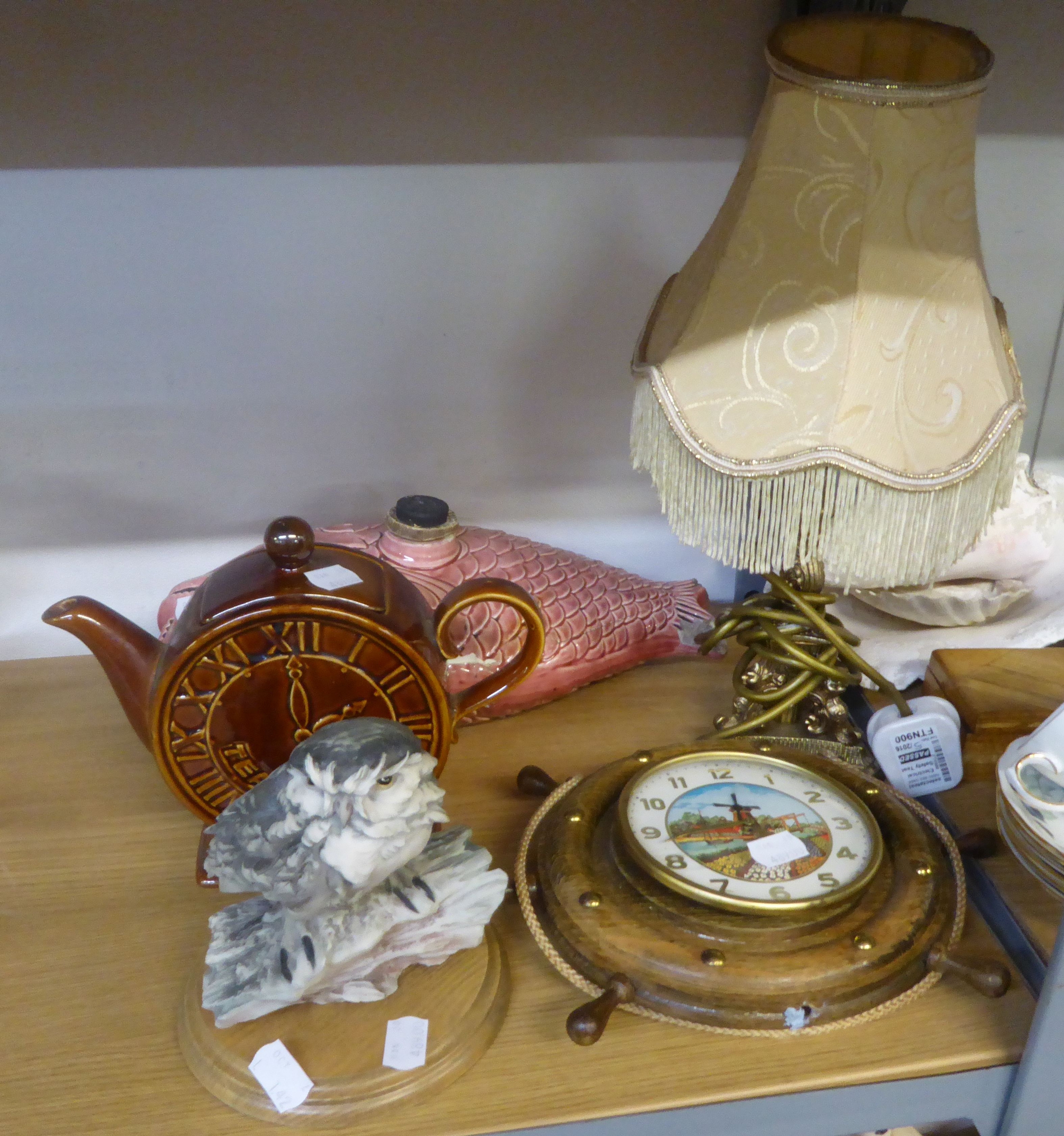 A COLCLOUGH PART TEA SERVICE, A POTTERY CLOCK SHAPED NOVELTY TEAPOT, A MANTEL DOG, POTTERY FISH - Image 2 of 2