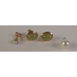 PAIR OF JADE STUD EARRINGS, marked '14K', 9mm by 8mm, 1.3g; and TWO SINGLE CULTURED PEARL STUD