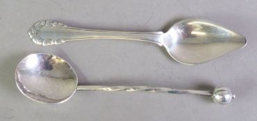 GEORGE V ARTS AND CRAFTS PLANISHED SILVER PRESERVE SPOON BY A.E. JONES, with oval bowl, twisted