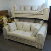 AN ART DECO STYLE THREE PIECE SUITE BY HARRODS PARKER AND FARR, COMPRISING; TWO LARGE THREE SEATER