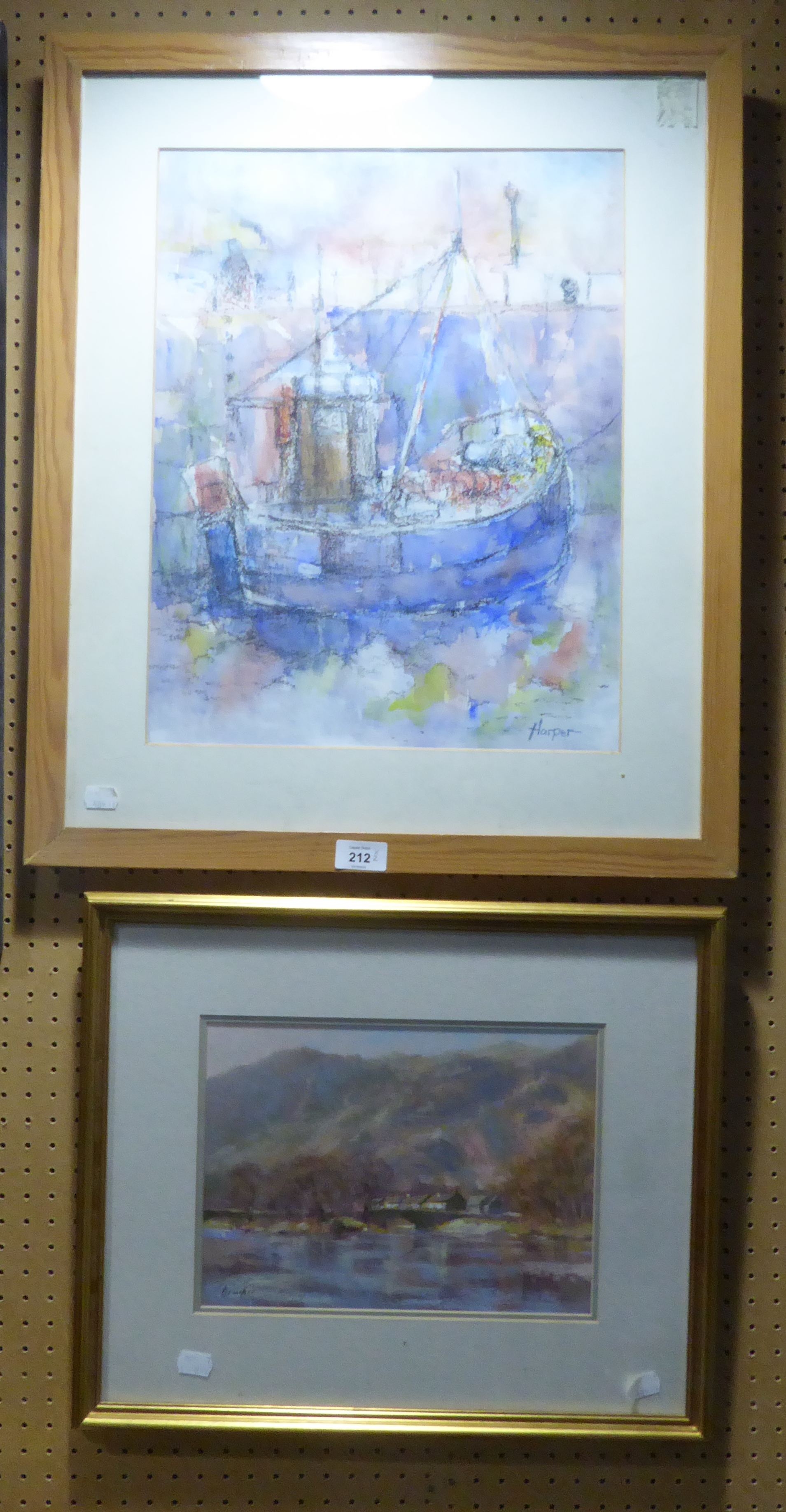 PASTEL PICTURES SHIP IN HARBOUR SIGNED HARPER AND LAKELAND LANDSCAPE INDISTINCTLY SIGNED