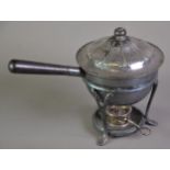 ELECTROPLATED EGG CODDLER ON SPIRIT BURNER STAND, with removable four division insert, black wood