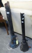 IRONWORK: A PAIR OF CAST IRON DRAIN PIPE HOPPERS AND DOWN PIPES, 3' (91.5cm) HIGH AND SMALLER (2)