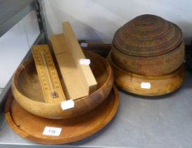 TEAK SMALL LAZY-SUSAN, TWO WOODEN BOWLS, WOVEN SEWING BOX WITH LID AND FOUR WALKING STICK, ONE