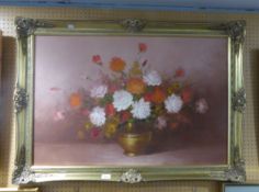 A LARGE STILL LIFE ON CANVAS VASE OF FLOWERS IN GILT FRAME
