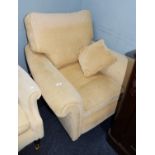 LAURA ASHLEY EASY ARMCHAIR, ALL-UPHOLSTERED AND COVERED IN OFF-WHITE WEAVE, ON SHORT TURNED AND